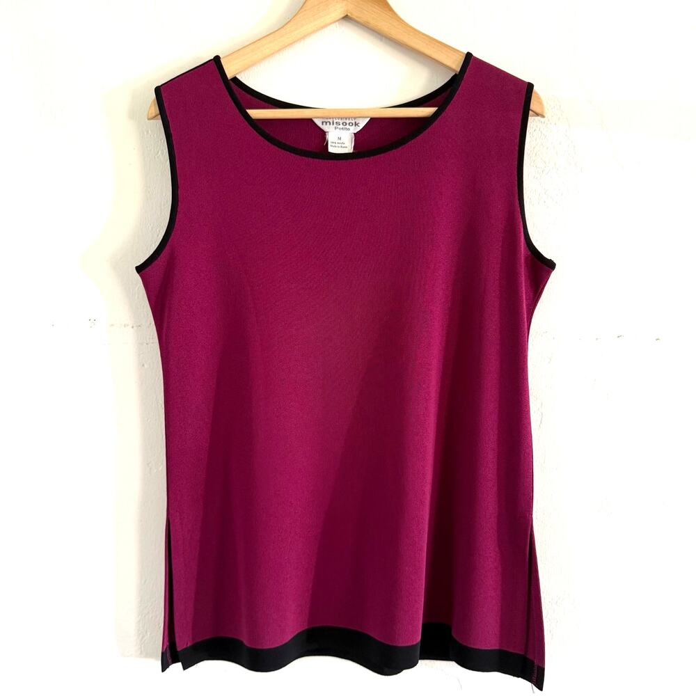 Exclusively Misook Petite Tank Round Neck Womens Size Medium Burgundy Black Trim